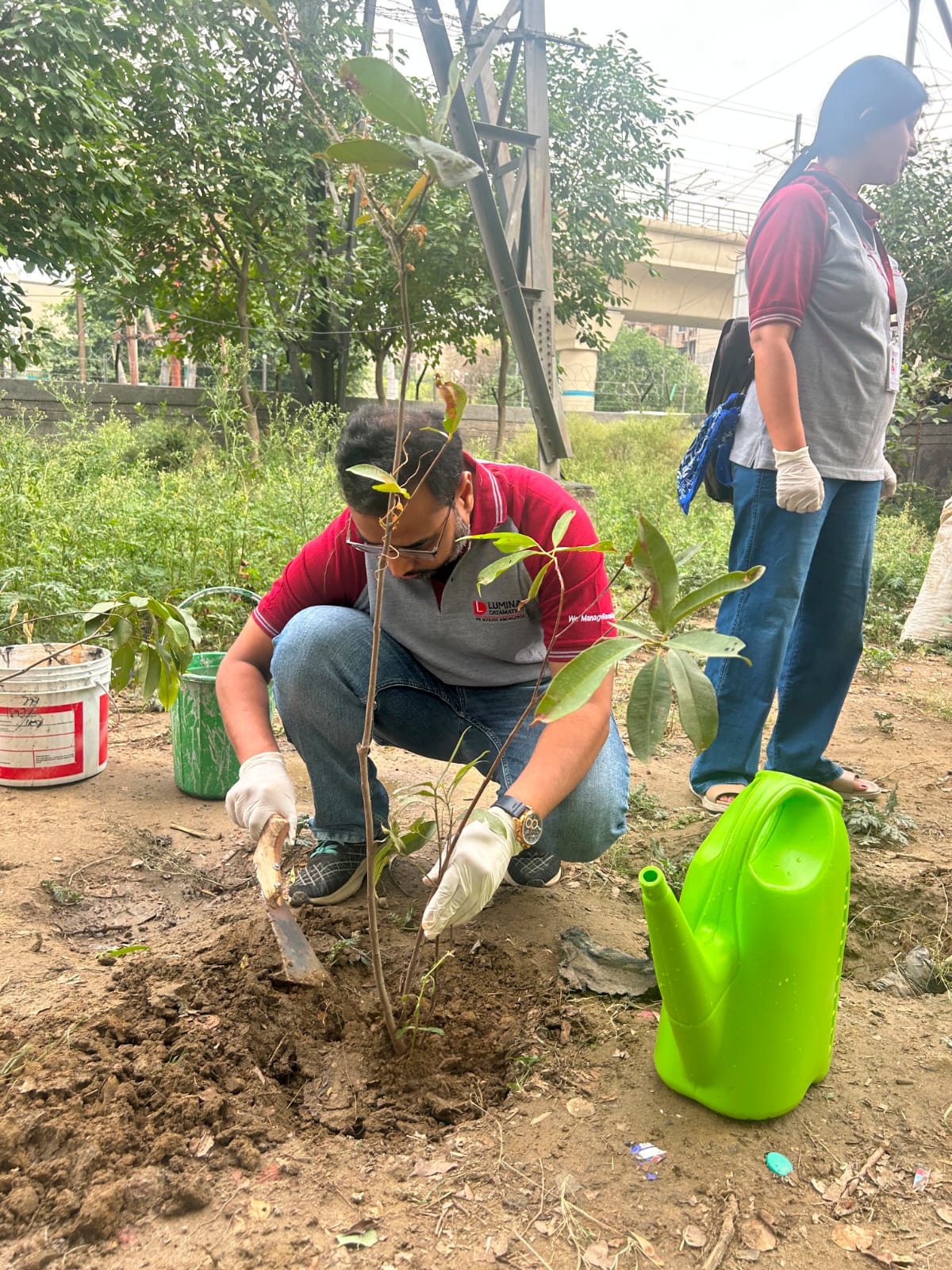 A volunteer planting a sapling during a green initiative event.