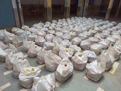 Family ration kits packed and lined up for pickup